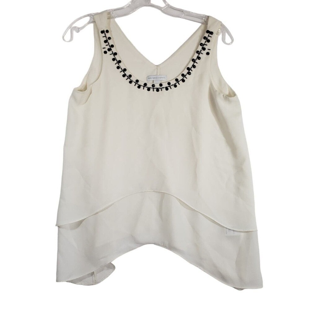 New York‎ & Company Sleeveless Top Size XS Ivory Beaded V-Neck Layered Hem Shirt